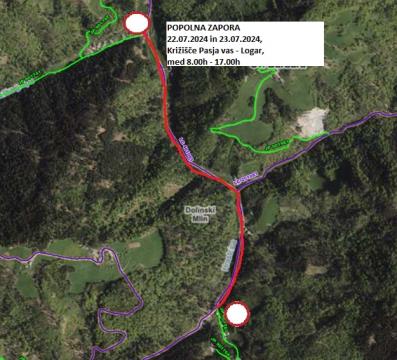 Popolna zapora ceste v dolini Hrastnice od 22. do 23. julija 2024
